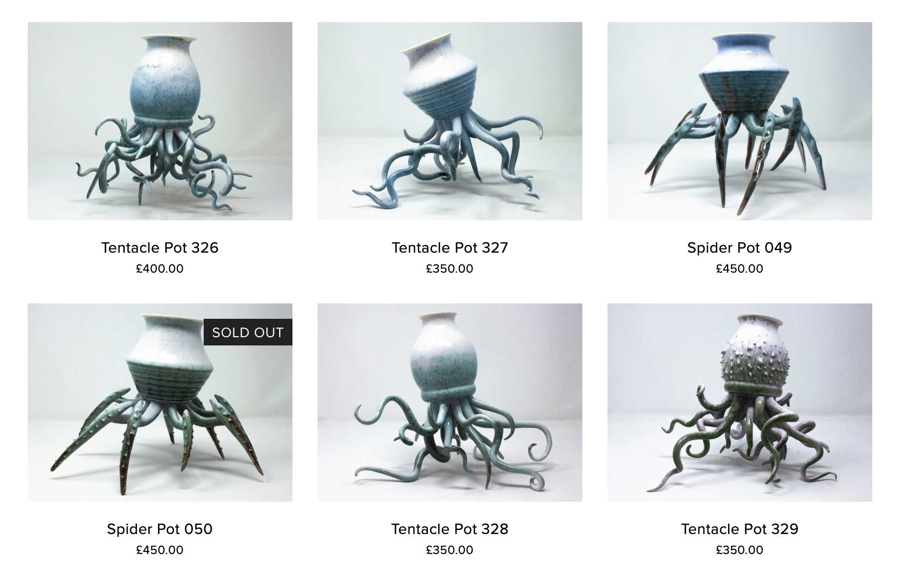 This is an image of a series of ceramic pots that have tentacles. They range in price from £350 to £450.