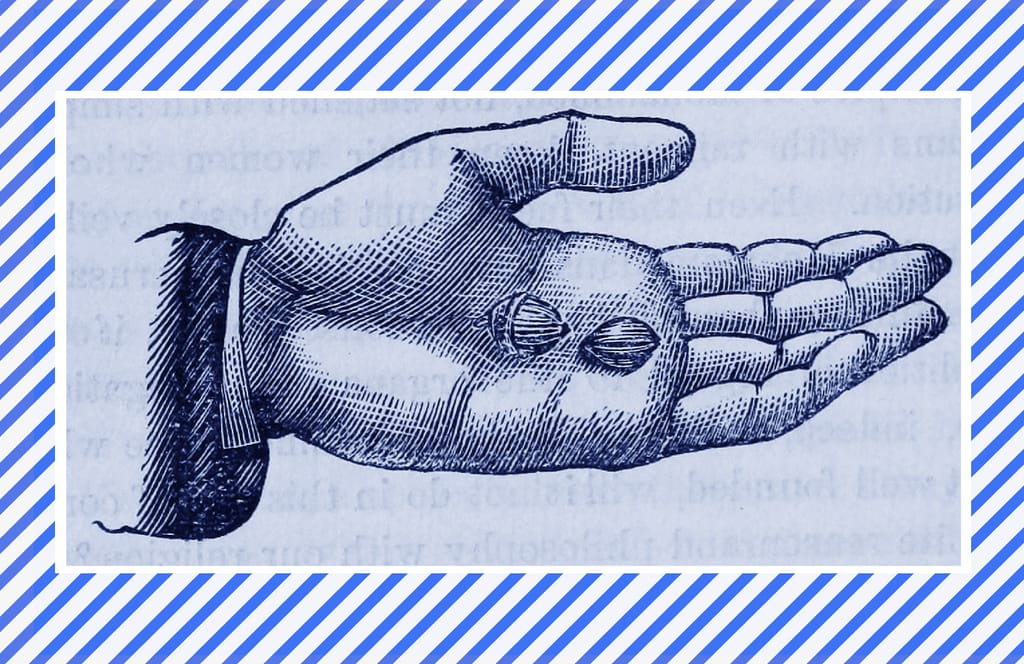 This is an old, public domain image of an outstretched hand with some Not-Ship branding.