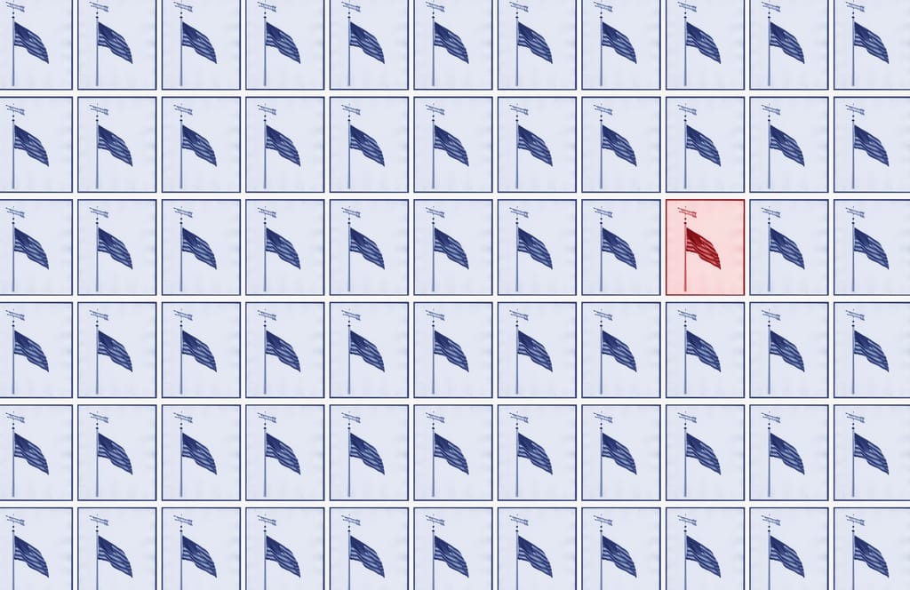 This is a featured image showing a grid of American flags. All are tinted blue except one, which is tinted red.