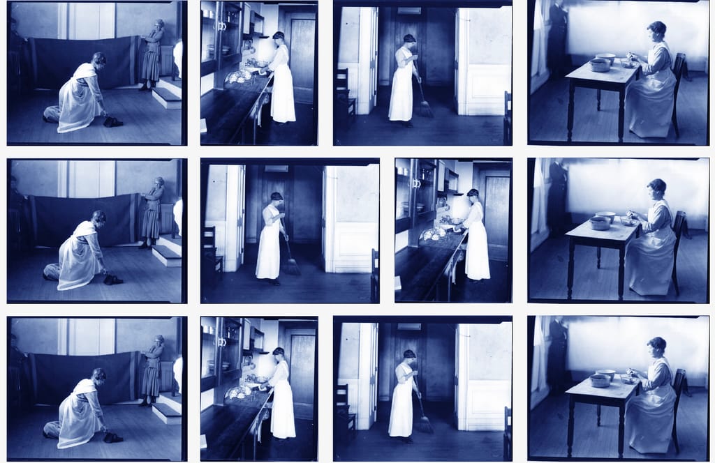 This is a series of images from the 1920s showing the correct posture for different types of domestic work.