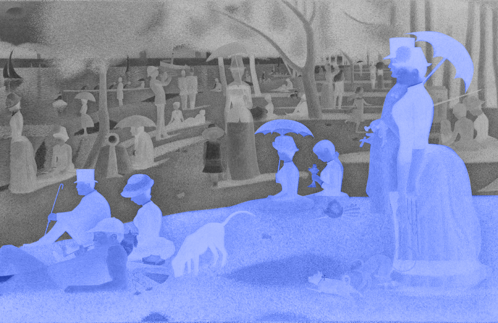 This is Georges Seurat's famous 1884 painting "A Sunday on La Grande Jatte", but modified to highlight the shade.