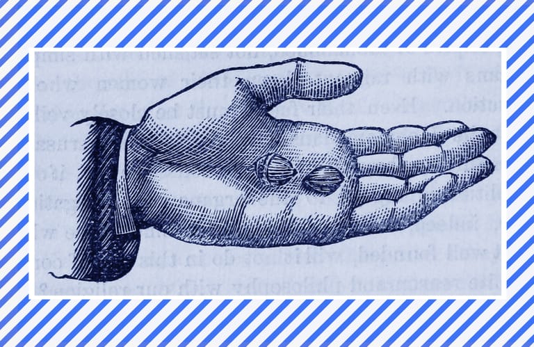This is an old, public domain image of an outstretched hand with some Not-Ship branding.