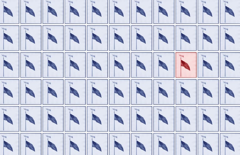 This is a featured image showing a grid of American flags. All are tinted blue except one, which is tinted red.